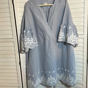 NEW DAY Blue & White Striped Cotton Sundress Embellished w Flowers Shirt Dress